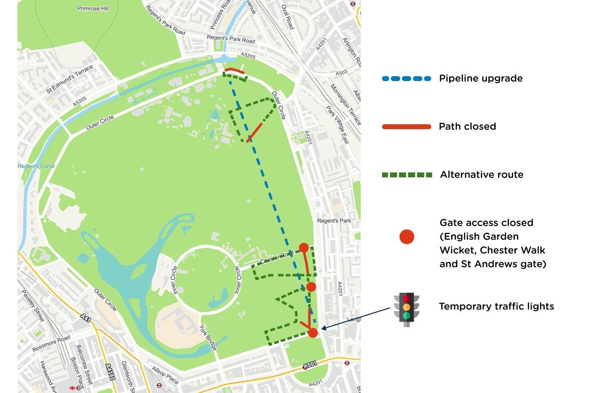 Maps of Regents Park showing pipeline upgrade, closed paths and alternative routes
