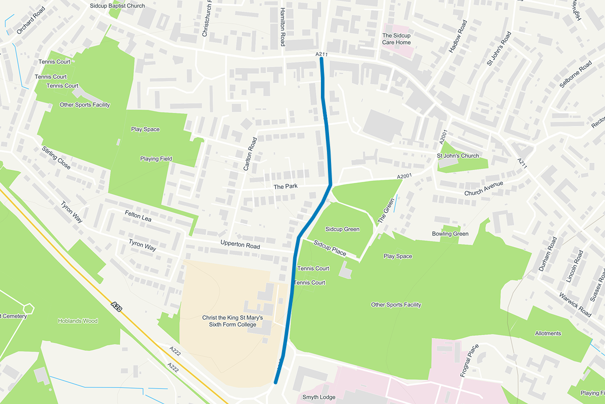 Map showing Elm Road, Station Road and Chislehurst Road in Sidcup