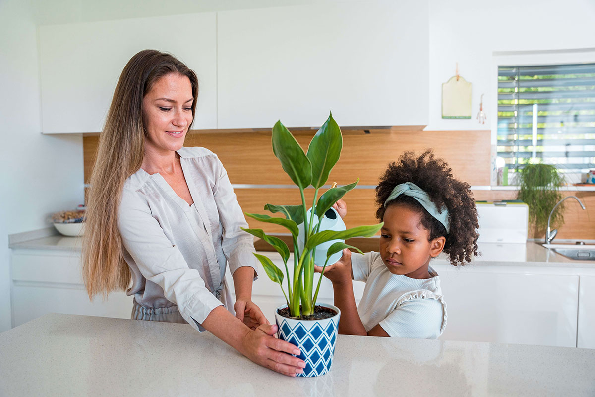 Child watering a plant standing next to her mother