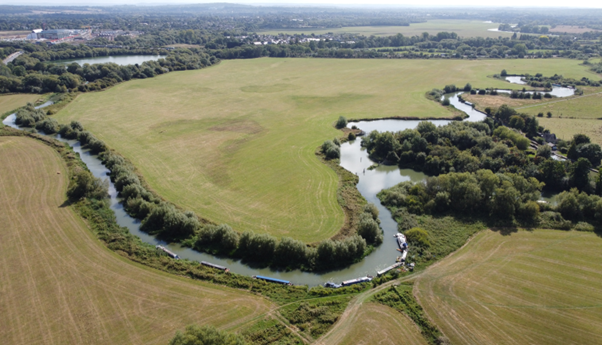 A panorama view of Wolvercote Mill Stream which is located north of Port Meadow in Oxford