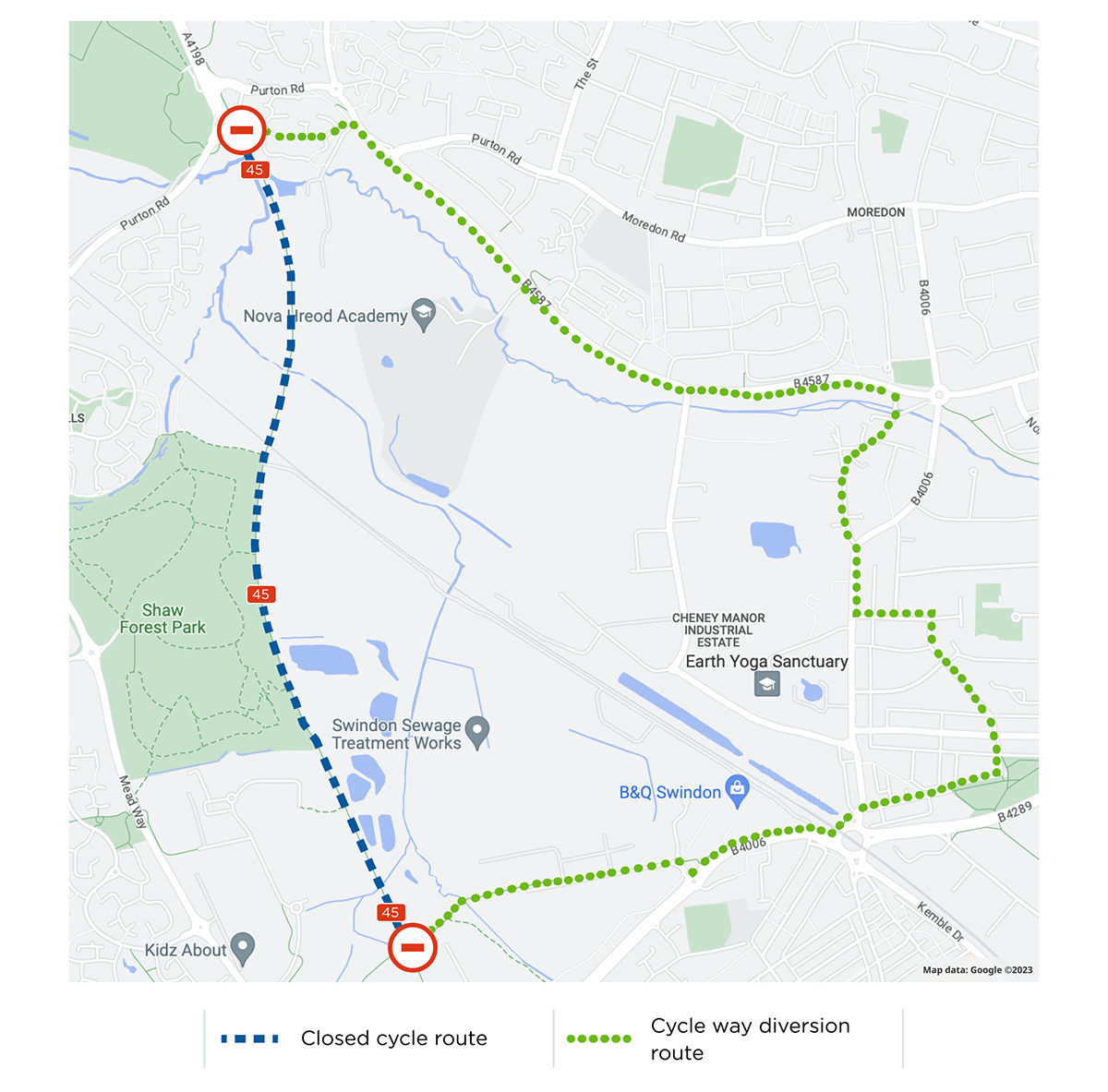 This map shows a diversion cycle route towards Swindon