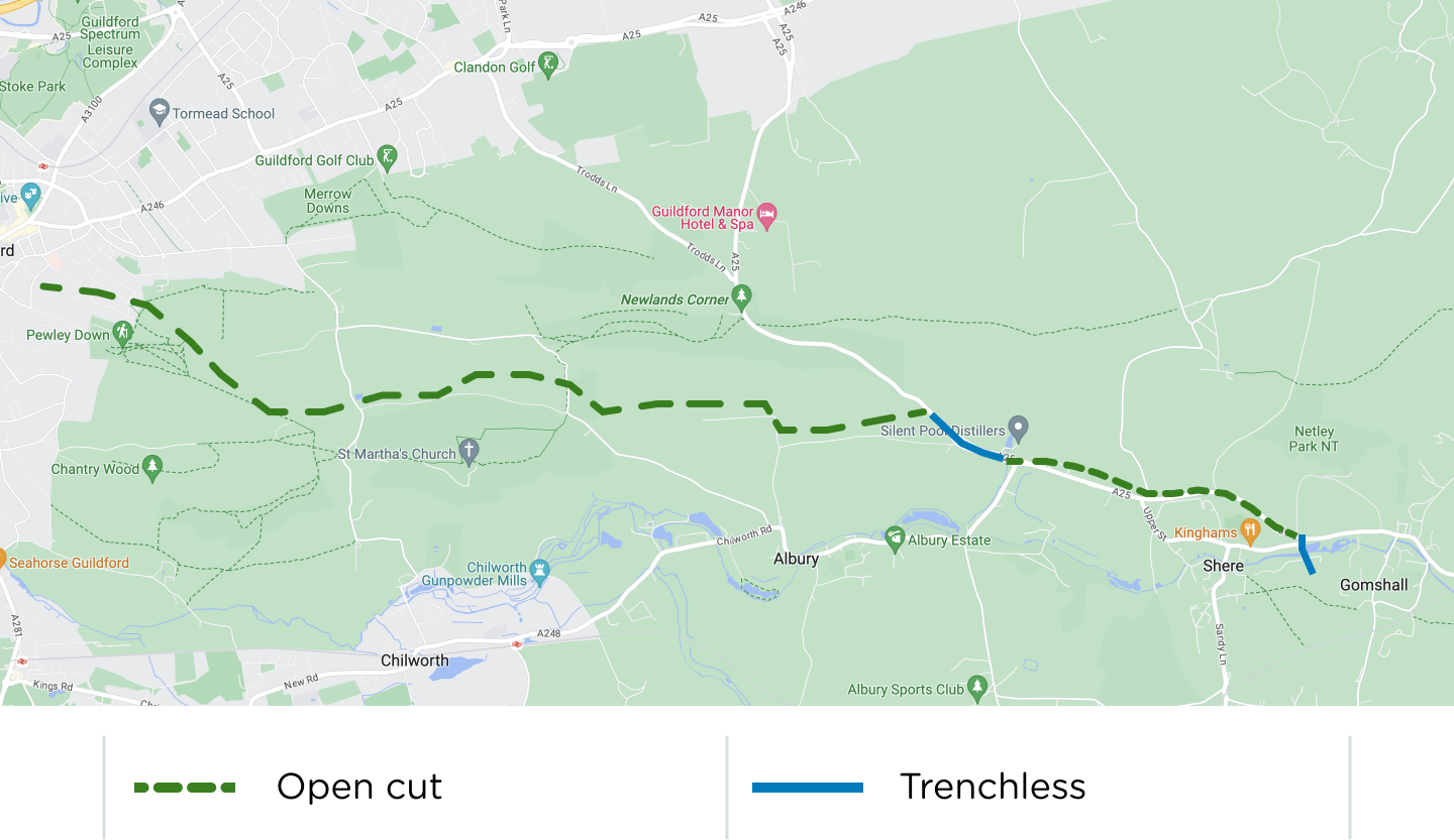 A map of where the new mains pipe is being laid at Guildford