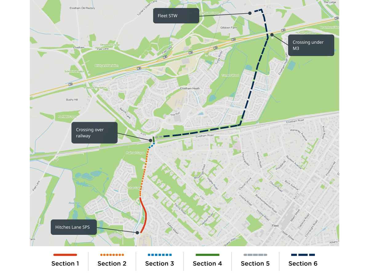 A map that shows our works between the Fleet Road Railway Bridge and M3