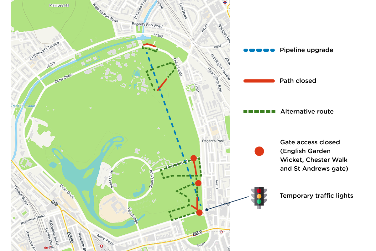 Maps of Regents Park showing pipeline upgrade, closed paths and alternative routes
