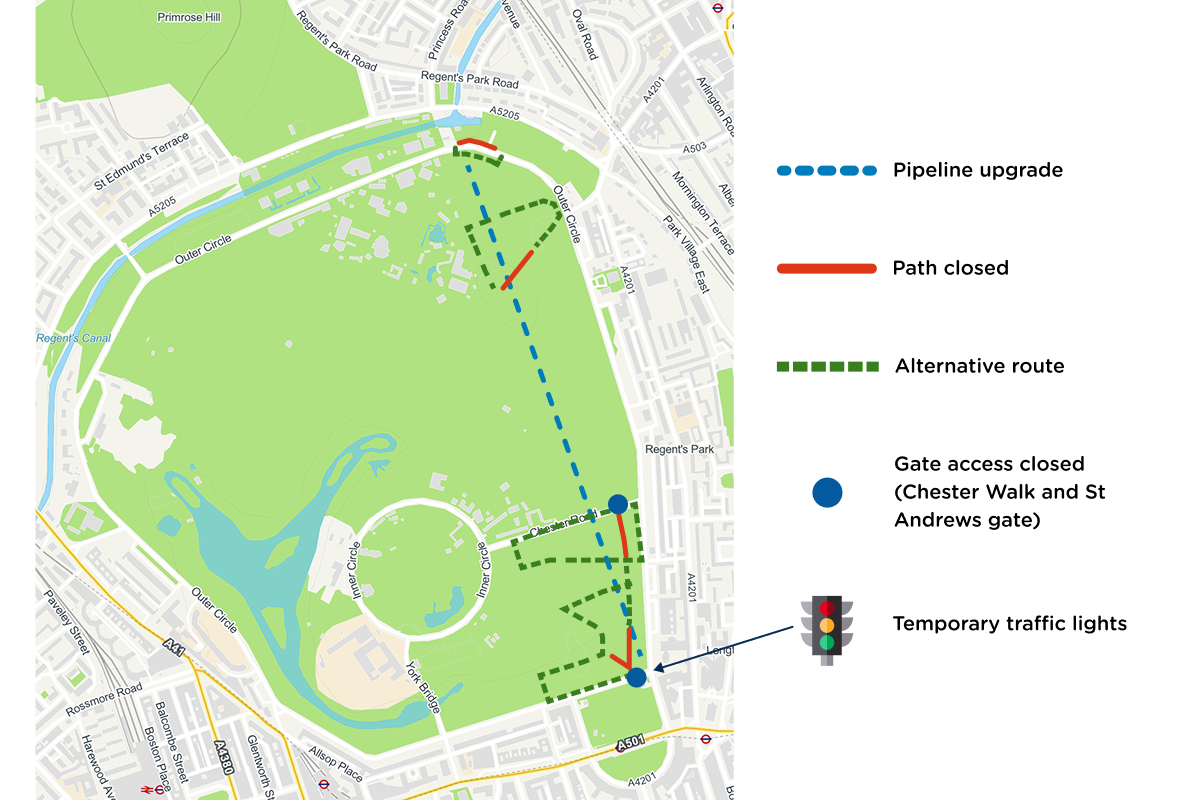 Maps of Regents Park showing pipeline upgrade, closed paths and alternative routes