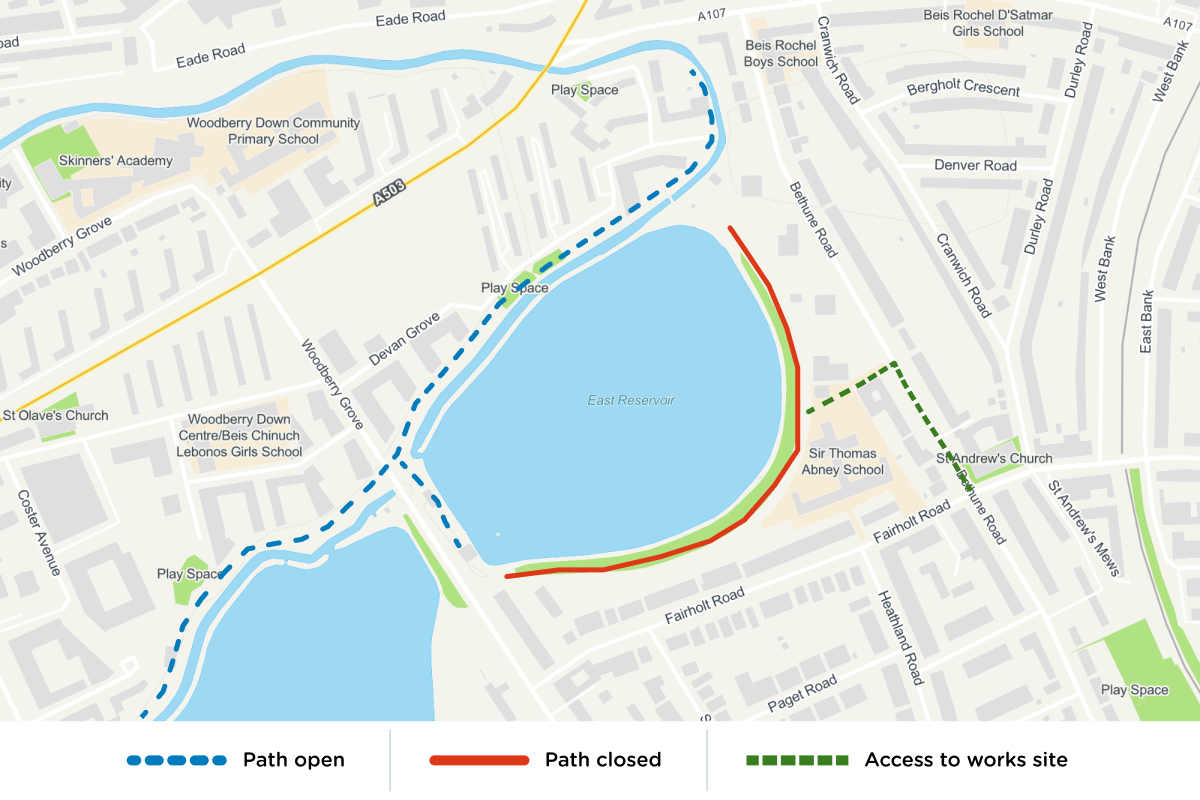 Map showing closed and open paths in Stoke Newington East Reservoir while we're carrying out essential maintenance