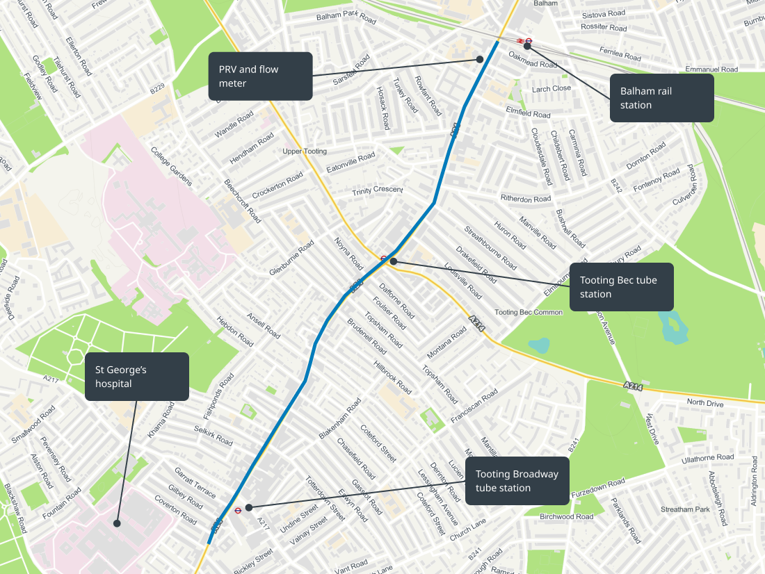 map showing area affected by Surbiton trunk mains replacement