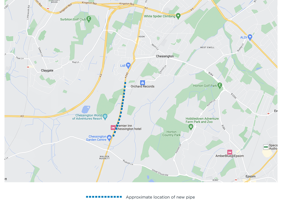 A map of the location of works at Leatherhead Road