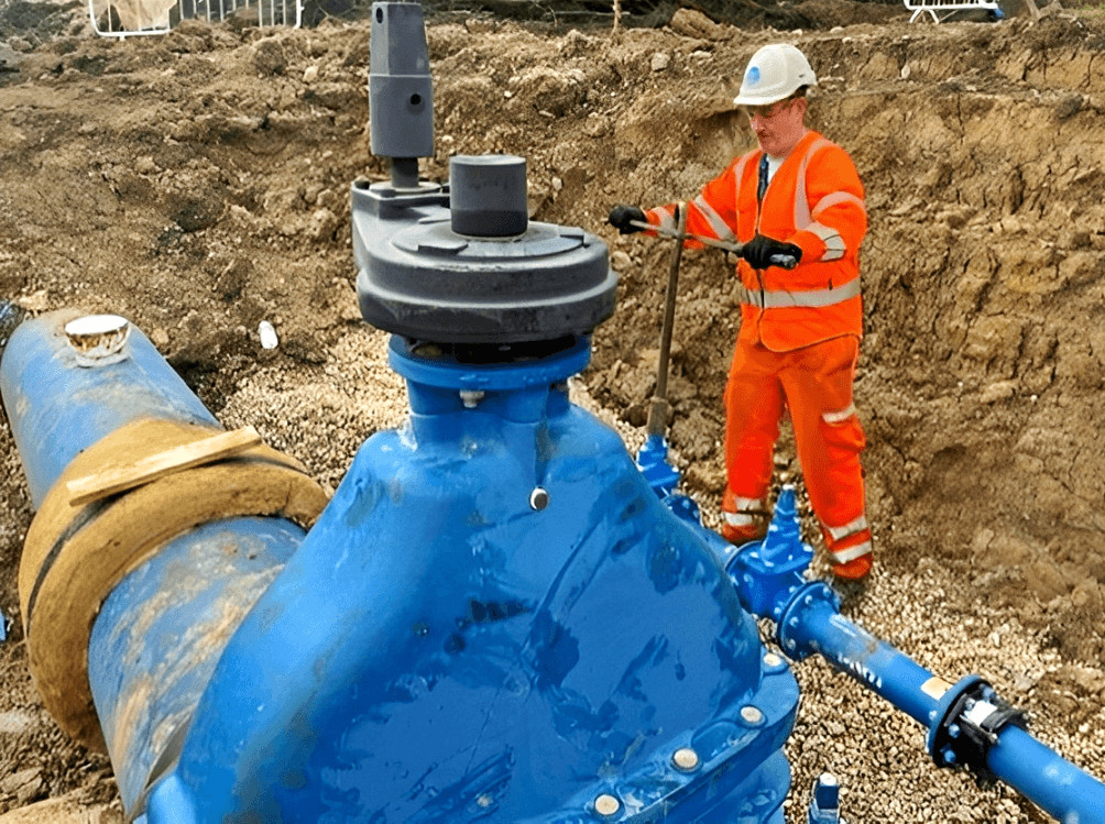 Thames Water engineer turning on new water main at Chessington