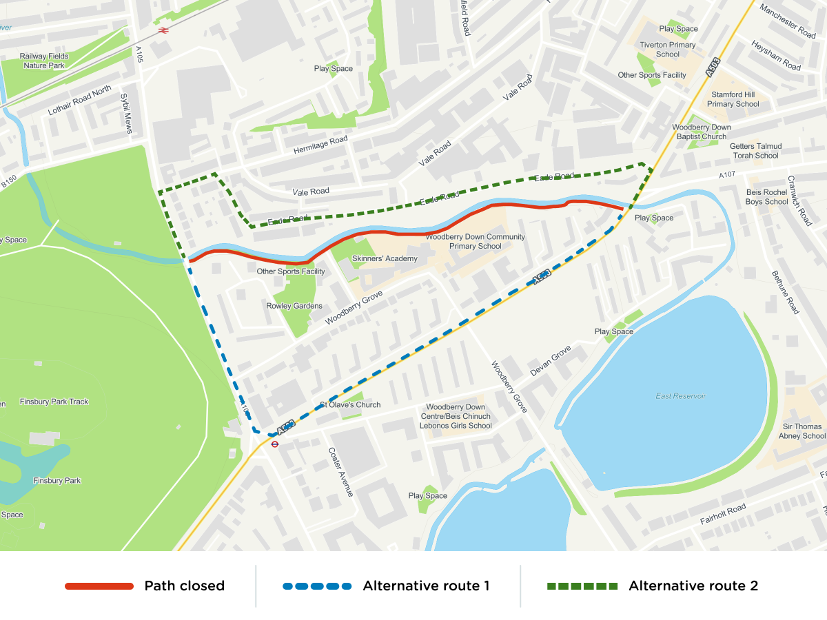 Map of alternative routes due to footway closure