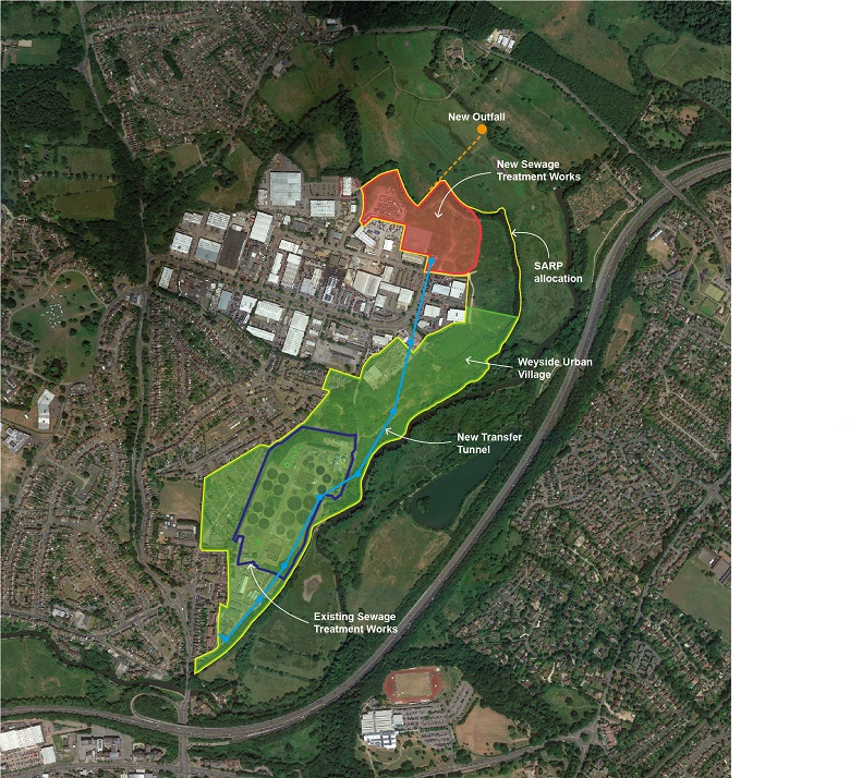 A map showing the planned site of new housing, the location of the new treatment works and the existing layout of the site.
