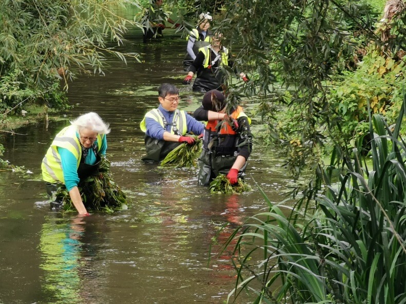Group of Thames Water volunteers working with local residents to remove weeds from Roundmoor Watercourse