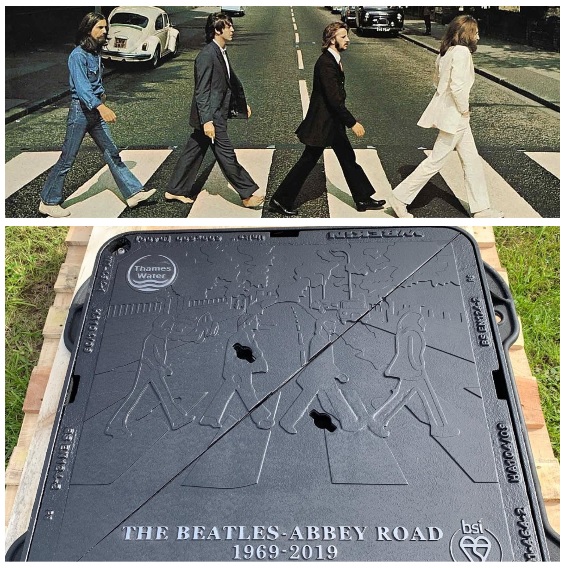 The Abbey Road album cover next to the new manhole cover