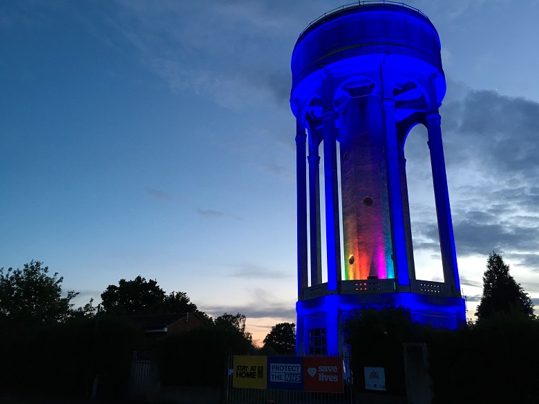 Tilehurst Tower lit up in blue