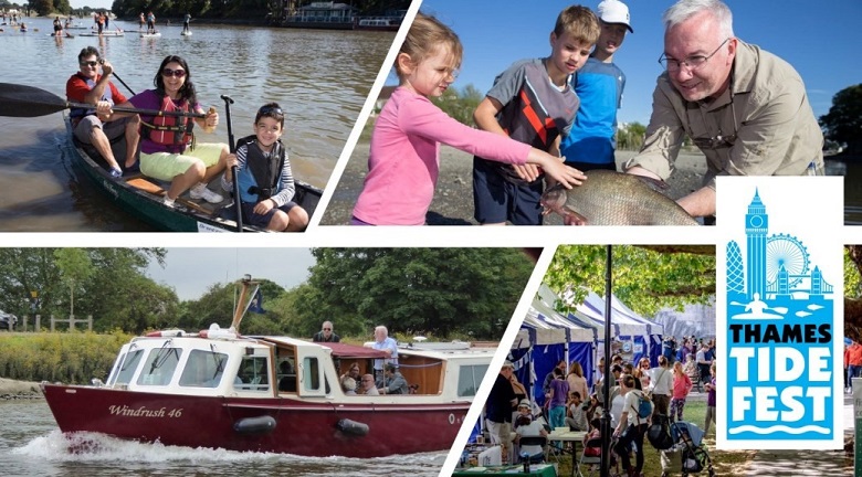 Four photos celebrating thames tidefest, including a boat, 3 people in a kayak and anglers