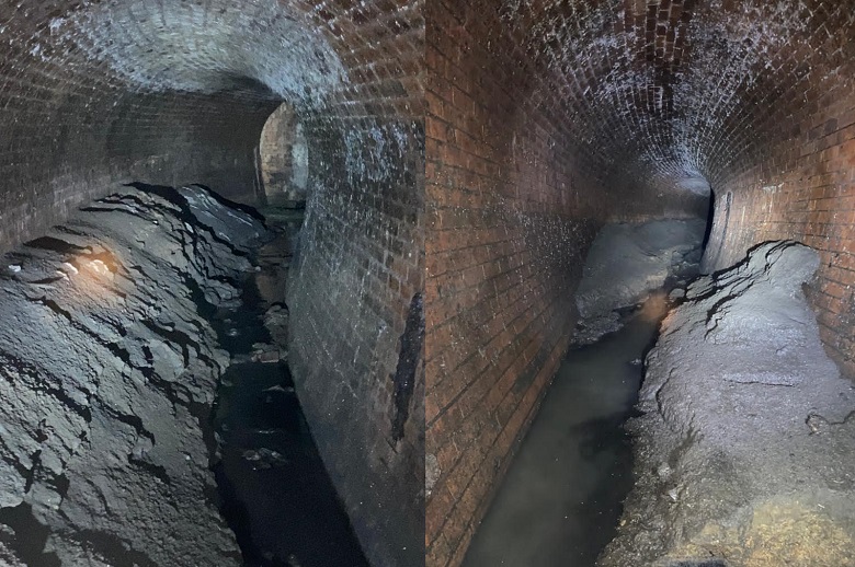 Two underground pictures of grey fatbergs in a brick sewer