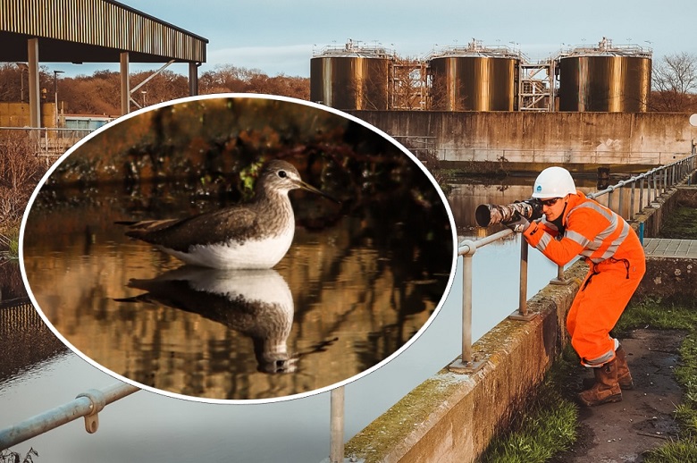 Jack Prater and a green sandpiper at Basingstoke sewage works
