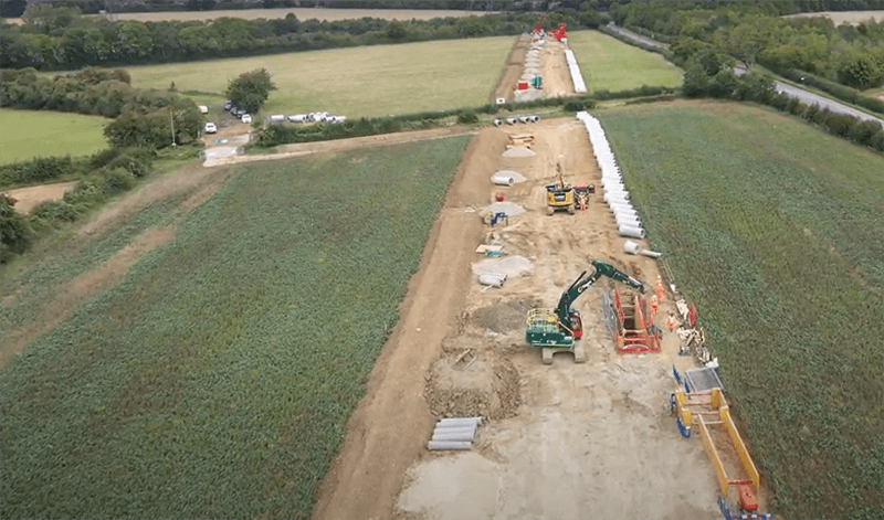 Aerial view of new sewer pipeline at Chesterton Farm