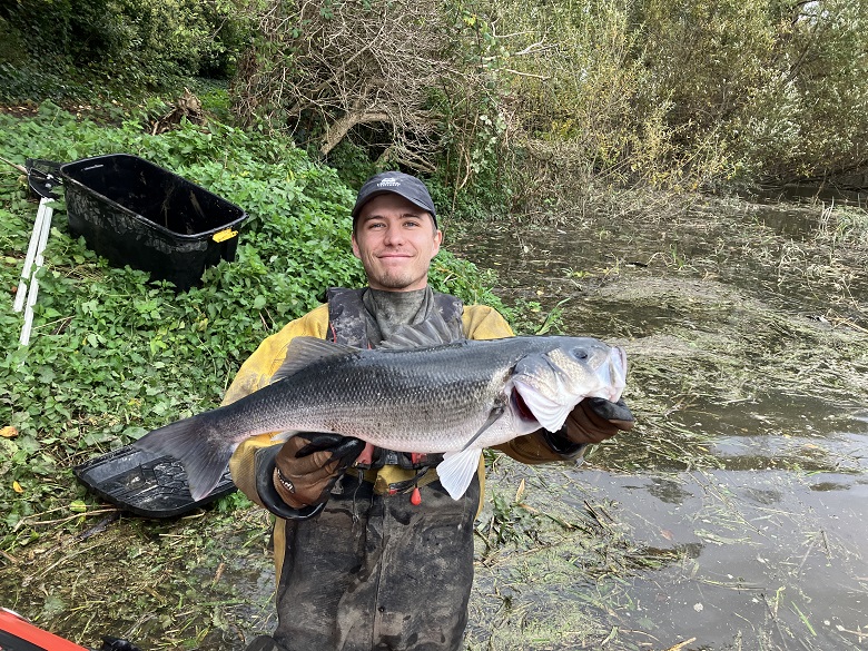 A man standing in a river holding a large sea bass