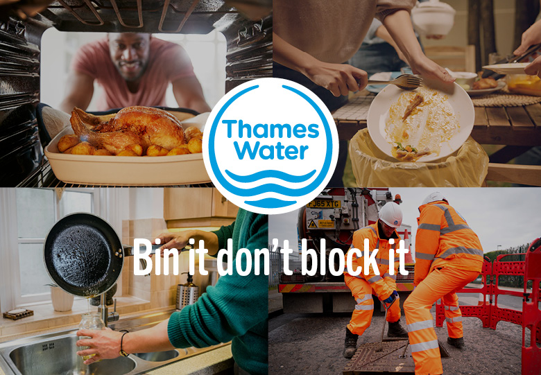Various pictures showing how to dispose of kitchen waste with a notice saying Bin it don't block it