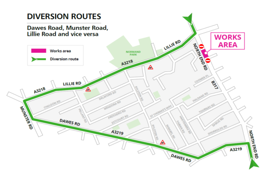 Map showing diversion for North End Road closure