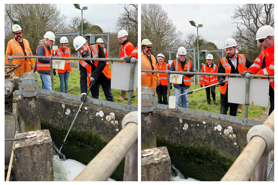 A group of people wearing high vis take a water sample at Banbury sewage works