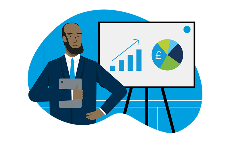 An illustration of a man presenting in front of an upwards graph