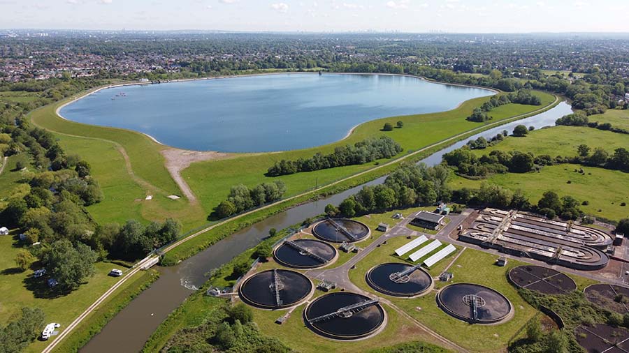 A view across Esher sewage treatment works and Island Barn Reservoir