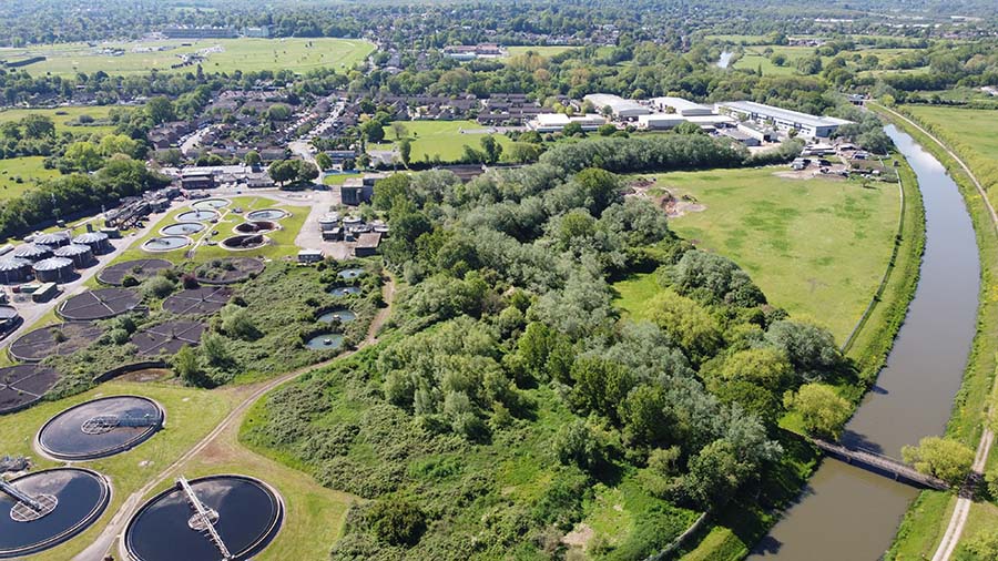 A view of Esher sewage treatment works and River Mole