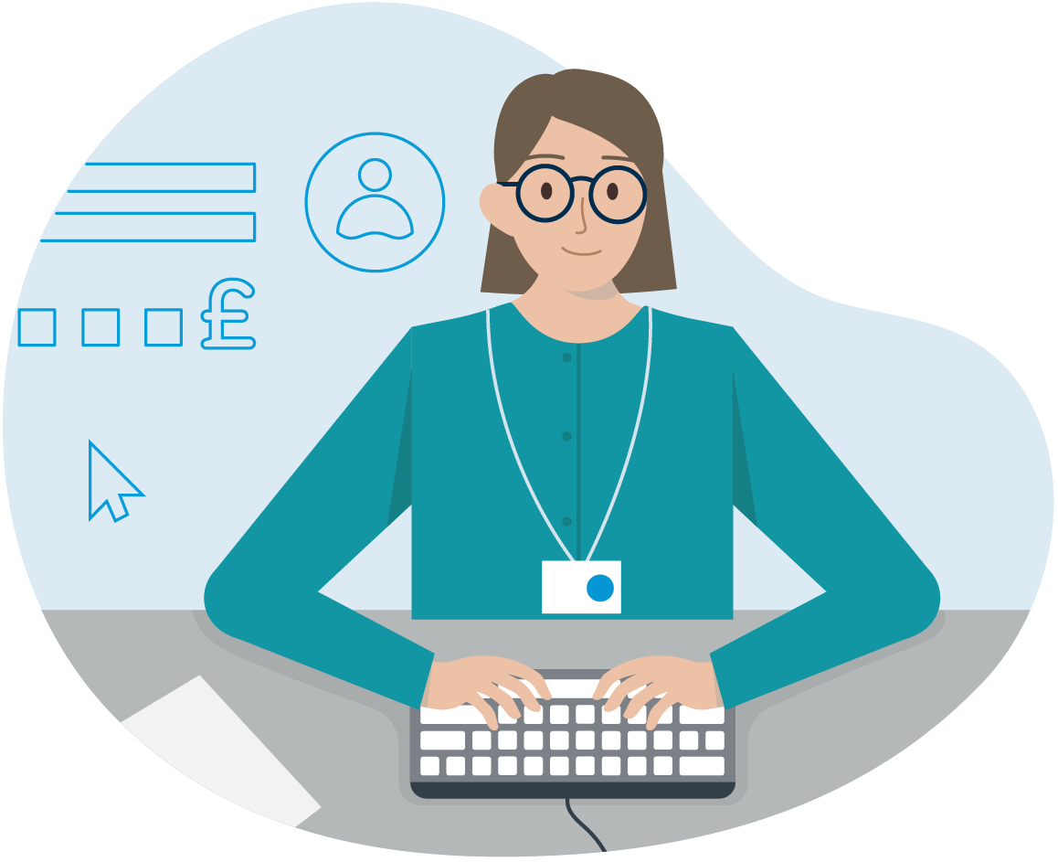 Female office worker at desk with keyboard