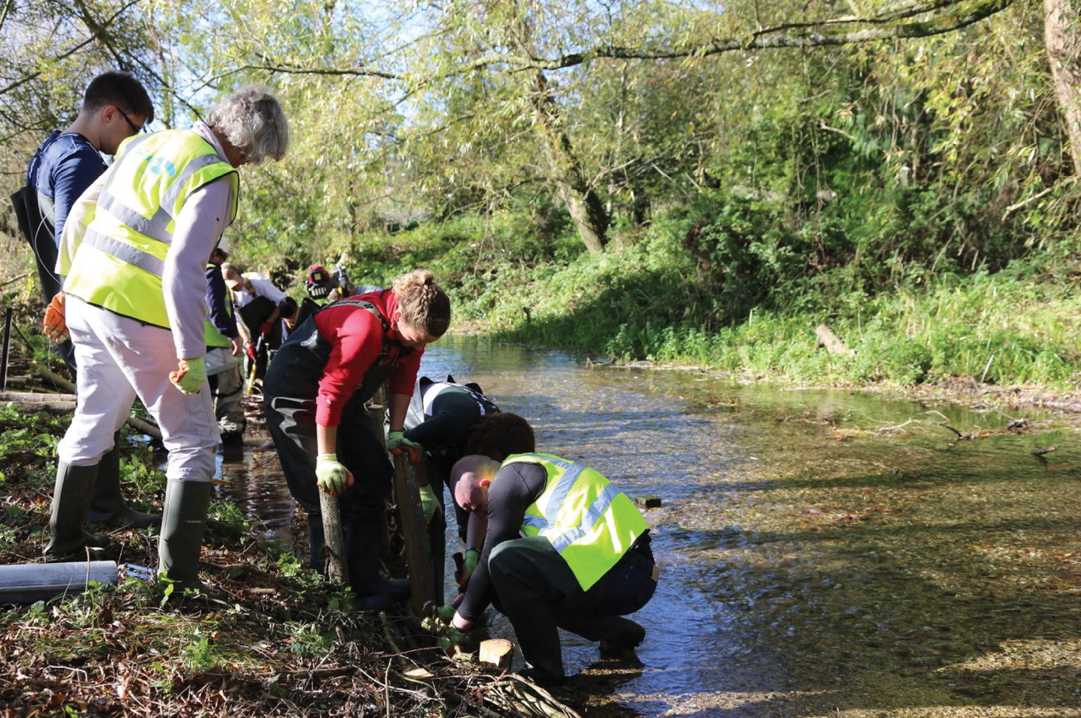A group of volunteers wearing high visibility jackets working at the edge of a river .