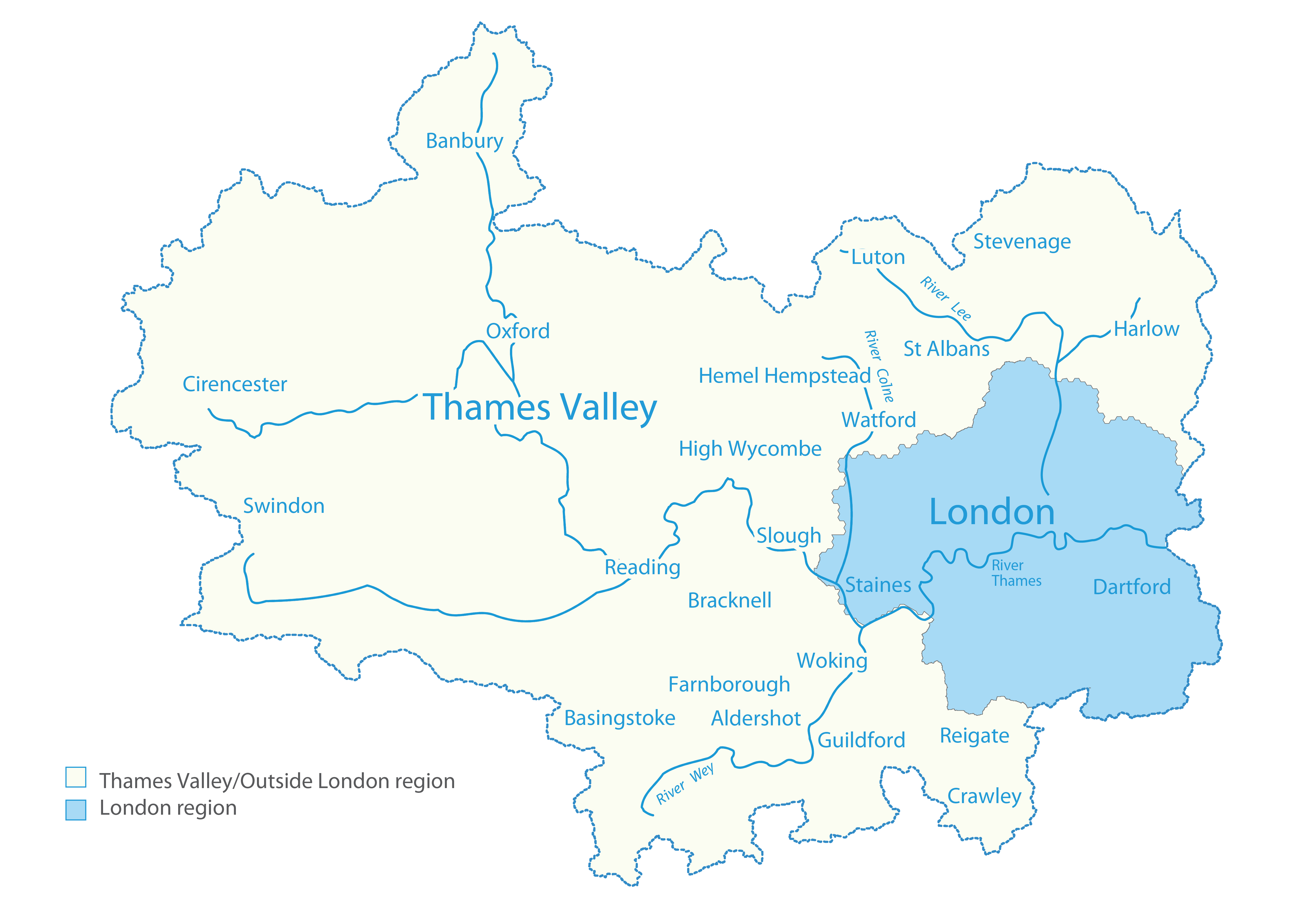 A map showing the wastewater area covered by Thames Water.