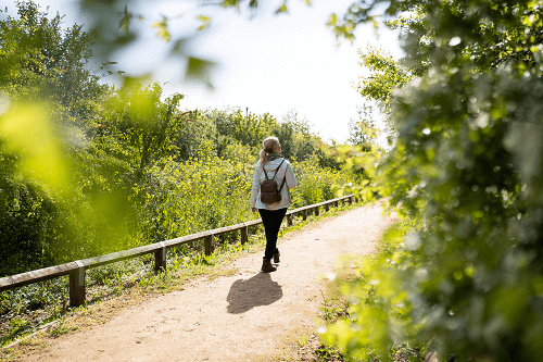 A woman wearing a rucksack walking along a path through green plants and bushes with the sun shining. 