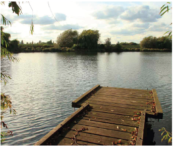 A body of water with a wooden platform in the middle and trees in the distance under a cloudy sky.