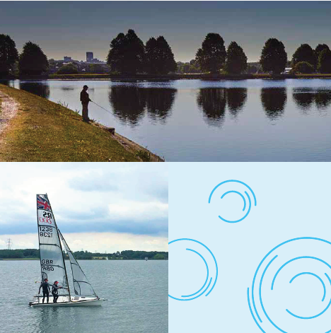 A person fishing and two people on a sailing boat on the water and a sea bird on some rocks.