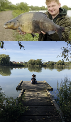 A person holding a fish and a person looking at the water.