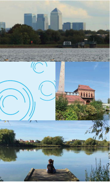 A montage showing the lake with buildings in the distance, a view of the lake and trees, an old building with a chimney and a person looking at the lake.