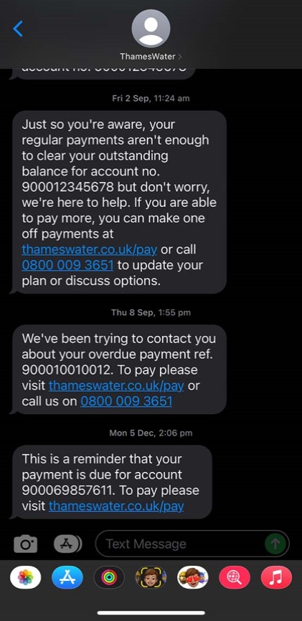 An example of a ThamesWater communication via SMS