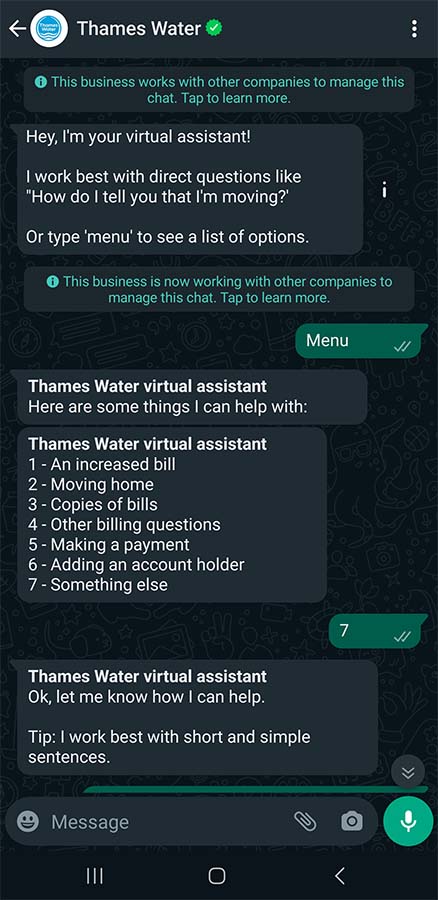 An example of a ThamesWater communication via WhatsApp