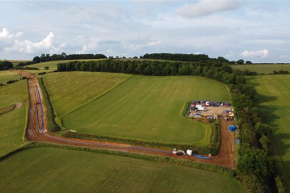 An aerial view of pipework going across a field
