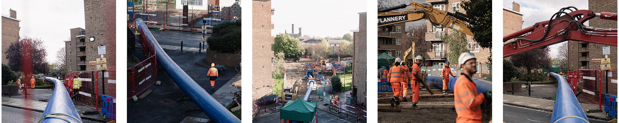 Five images showing the large pipes being laid in the Seven Sisters area.