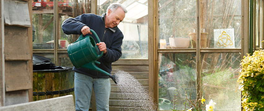 An elderly man watering some plants with a watering can