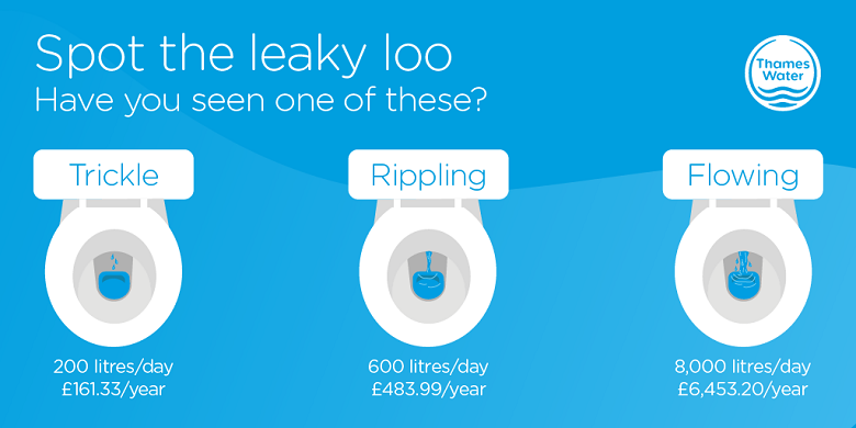 A diagram showing three types of leaky loo and what the leak looks like at the back of the toilet bowl. One toilet is trickling, one is rippling and the other is flowing