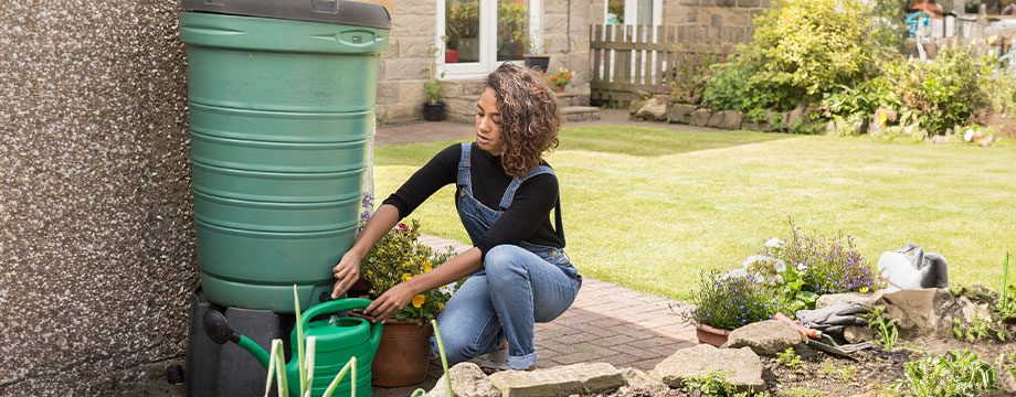 A lady uses a water butt in her garden