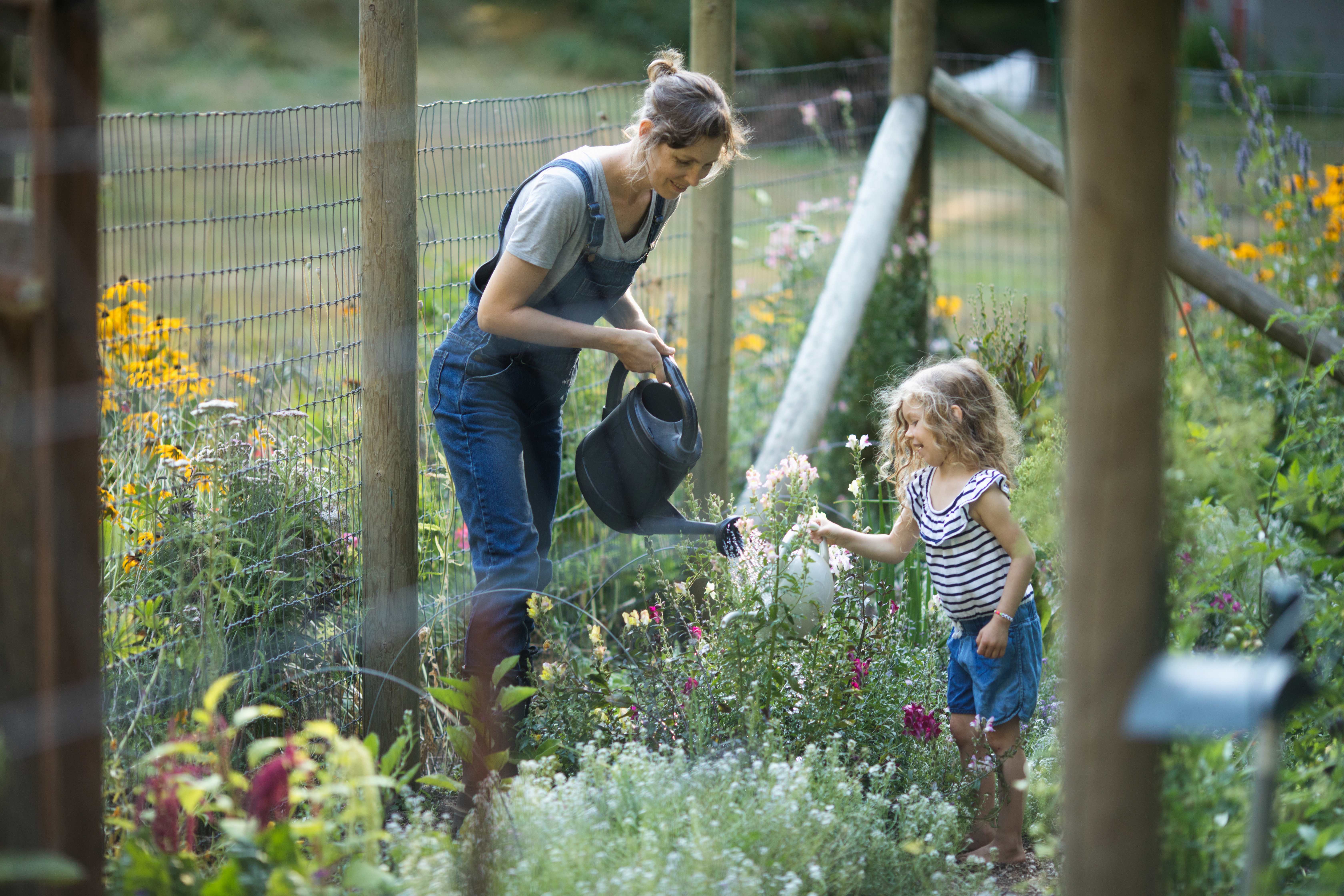 A woman and a child water plants in a garden using a watering can