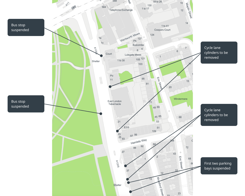 bus stop, cycle lane and parking bays suspended