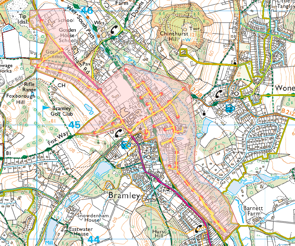 Map of Bramley with affected water area highlighted in red