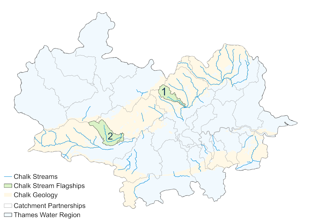 Map showing River Chess and River Pang chalk streams