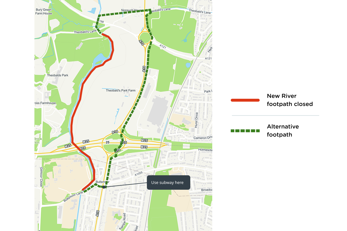Map showing New River path closure and alternative route at Theobalds Lane